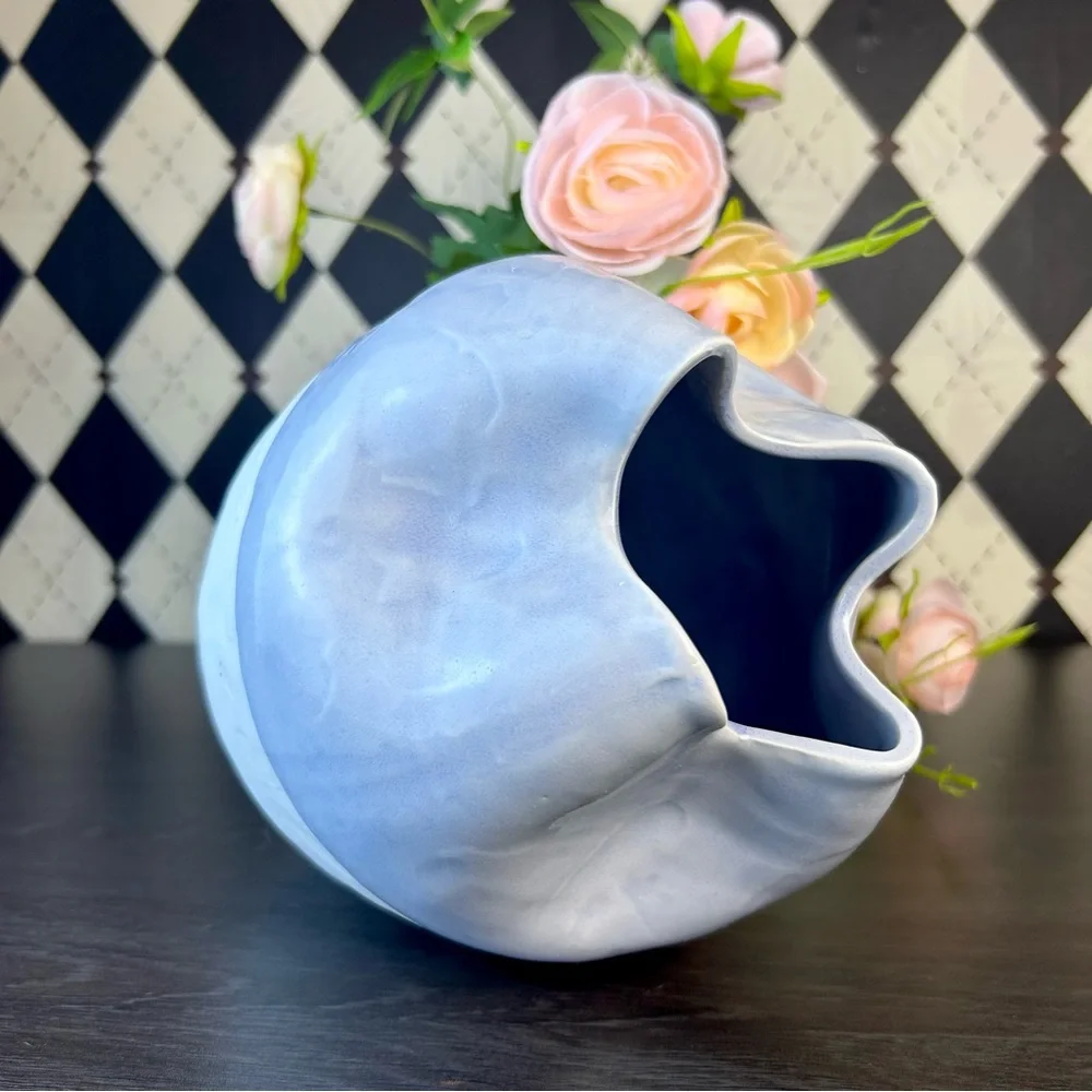 Large Wabi‎ Sabi Studio Pottery Vase Sculptural Ceramic Pinched Rim Blue White